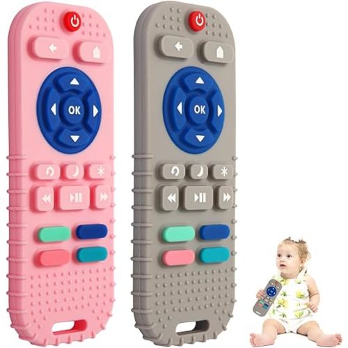 Hooku 2 Pack Silicone Teething Toys for Babies 0-6 Months, Teethers for Babies 6-12 Months, Remote Teether for Baby, Sensory Toys for Babies, Baby Chew Toys