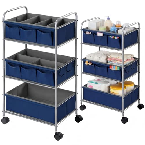 WILLBOND 3 Tier Blue Baby Diaper Caddy Organizer Cart with 4+3 Dividers Large Capacity Metal Utility Bedside Rolling Cart Newborn Registry Nursery Essential Must Have Crib Bedroom Baby Shower