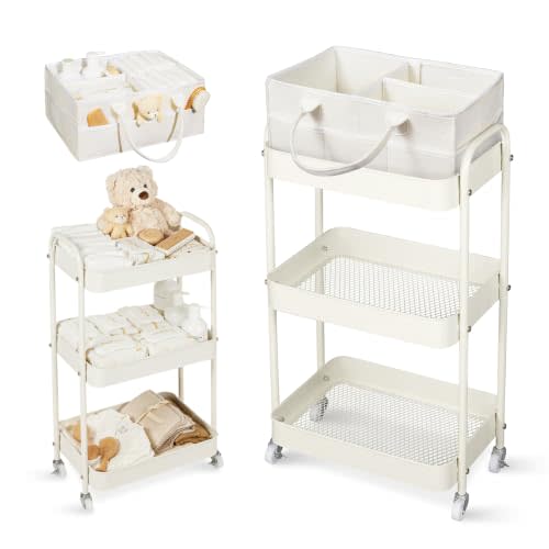 Fortella Baby Diaper Caddy, 3 Tier Rolling Cart for Baby Essentials, Beige | Diaper Cart with Detachable Dividers, Nursery Storage & Bottle Organizer, Bedside Caddy for Bedroom and Living Room