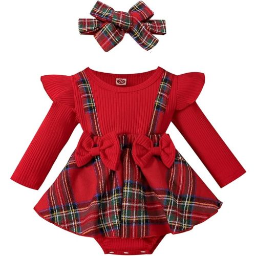 Mubineo Infant Baby Girl Christmas Plaid Overall Dress Outfits Fall Winter Ruffle Romper Headband Sets