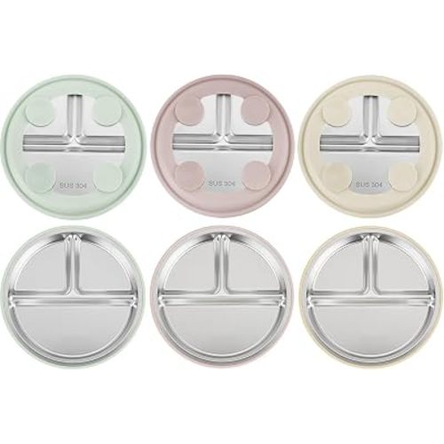 PandaEar 3 Pack Stainless Steel Toddler Plates with Suction, Divided Plates with Removable Silicone Sleeve for Babies & Toddlers(Pink/Green/Linen)