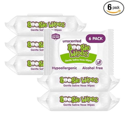 Boogie Wipes Gentle Saline Nose Wipes - 180 Count - Unscented, Hypoallergenic & Alcohol-Free - Made with Natural Saline, Aloe, Chamomile & Vitamin E - Diaper Bag Essential