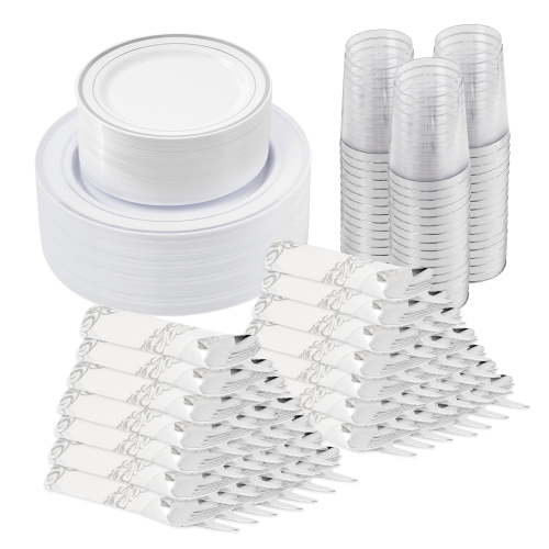 Hawsaiy 350PCS Silver Disposable Plates and Cups Set for 50 Guests, Plastic Dinnerware with Napkins for Wedding and Party