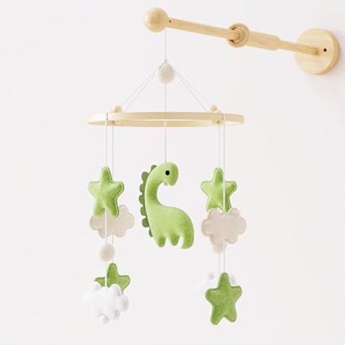 Baby Crib Mobile, Handmade Felt Green Dinosaur, Clouds and Stars