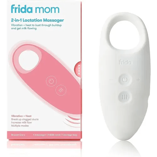 Frida Mom 2-in-1 Lactation Massager, Multiple Modes of Heat + Vibration for Clogged Milk Ducts, Increase Milk Flow, Breast Engorgement - USB Cord Included, White