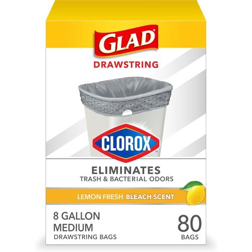 Glad Medium Trash Bags, 8 Gallon, Lemon Fresh Bleach Garbage Bags, Resists Bacterial Odors with Drawstring, 80 Count