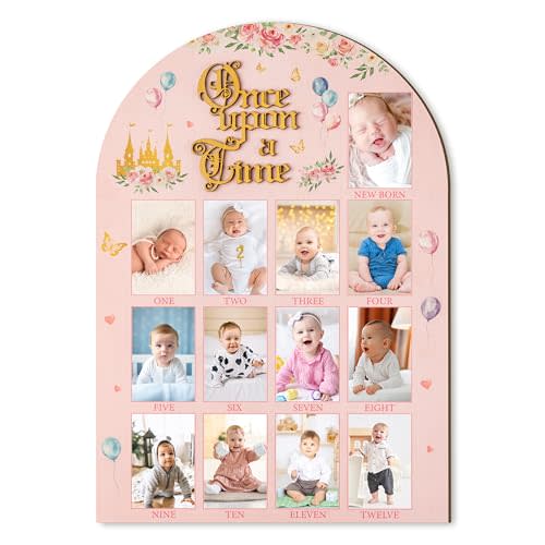 R HORSE My First Year Photo Display Wood Board - 3D Princess Baby's First Year Picture Frame, 12 Months Fairytale Castle Milestone Board Baby Keepsake Gift 1st Birthday Nursery Decor for Girl