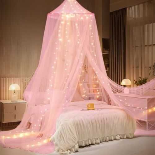 YEERSWAG Elegant Princess Bed Canopy Bed Curtain Nets with Luminous Stars Lights For Single to King Size