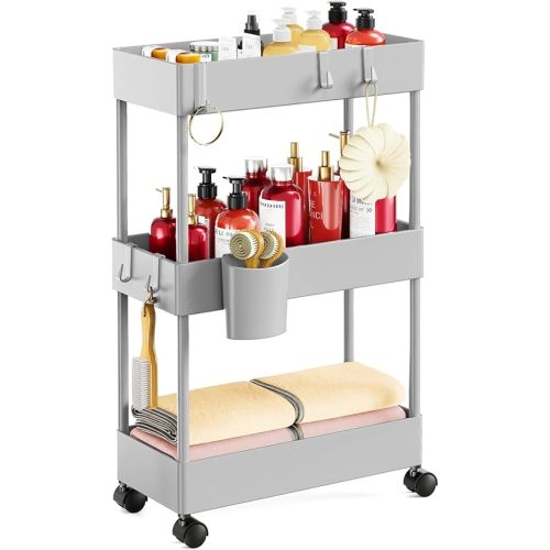 Pipishell Slim Storage Cart with Wheels - 3 Tier Bathroom Organizers and Storage Cart - Rolling Carts for Bathroom, Kitchen, Narrow Space, Laundry Room,Gray