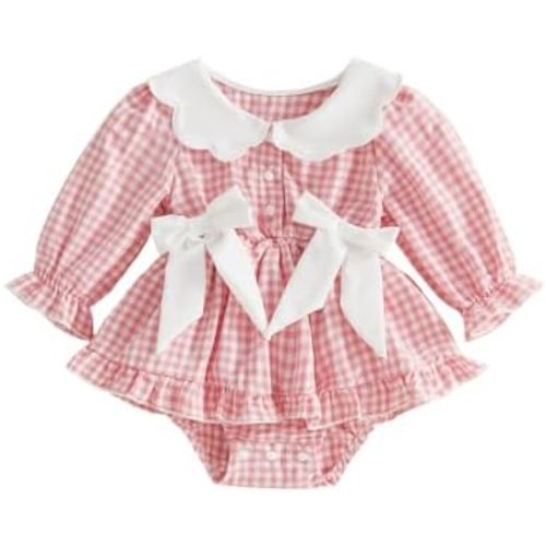Baby Girl Fall Winter Outfit Ruffled Long Sleeve Plaid Smocked Romper Dress