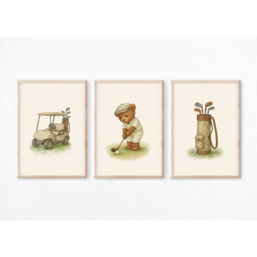 Luvia Golf Nursery Set Of 3 | Vintage Bear Golf Print, Modern Wall Decor Set 3 Prints 12x18 UNFRAMED