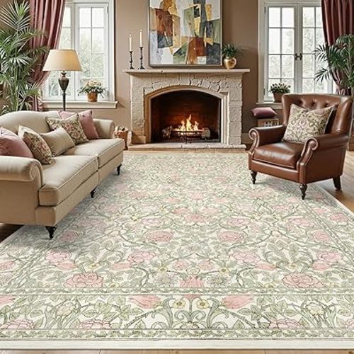 GarveeHome Pink and Green Beige Washable 8x10 Area Rugs for Living Room Vintage Floral Boho Botanical Retro Rug Low Pile Stain Resistance Non Slip Carpet for Bedroom Nursery Dining Room