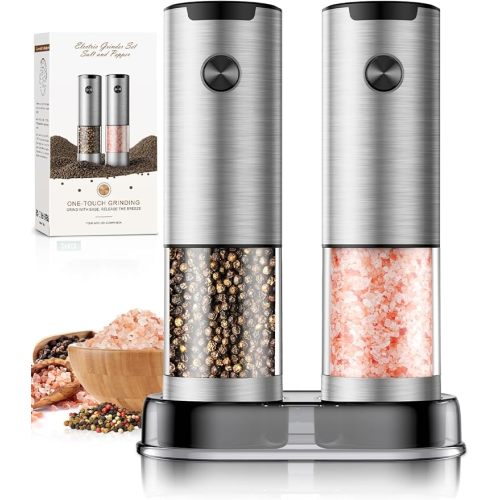 Salt and Pepper Grinder Set- Automatic Battery Pepper Mill Shakers Kitchen Essentials for New Home Housewarming, Adjustable Coarseness Upgraded Larger Capacity with Led for White Elephant Gifts