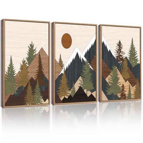 KUVIOKE Landscape Mountain Wall Art Set Sunrise Pine Tree Forest Nature Scenry Wilderness Farmhouse Rustic Modern Art Decorative for Living Room Bedroom 11x 14in (Natural Framed)