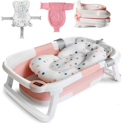 All-in-One Safety Baby Bathtub: Space-Saving Fold Design, Accurate Digital Temp Display, Anti-Scald Sensor, and Gentle Newborn Sling