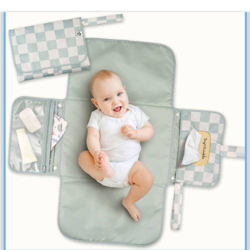 Tiny Twinkle Portable Diaper Changing Pad | Foldable, Waterproof & Compact Travel Changing Mat with Storage | Smart Wipes Pocket for On-The-Go Parents | Newborn Shower Gift (Sage Checkers)