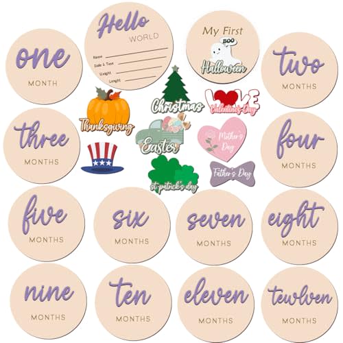 Monthly Baby Milestone Maker Discs, Baby Milestone Signs for Newborn Baby, Hello World Newborn Sign for Girl & Boy, Baby Announcement Sign for 1-12 Month, Milestone Wooden Circles (Purple)
