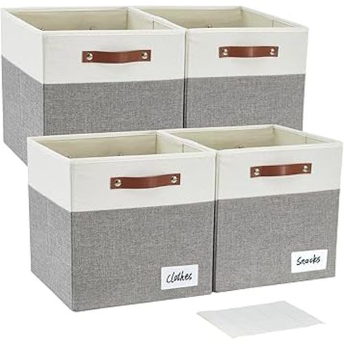 Collapsible Fabric Storage Cube Bins with 2 Reinforced PU Handles, Foldable Storage Organizer Baskets for Closet, Shelves, Living Room | 13"x13"x13", 4 Pack, Gray & White