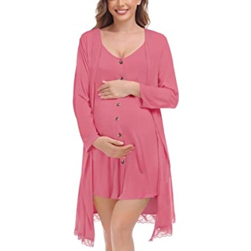 SWOMOG Womens Maternity Nursing Nightgown and Lace Robe Set 3 in 1 Labor Delivery Button Down Nursing Dress 2 Piece Sleepwear