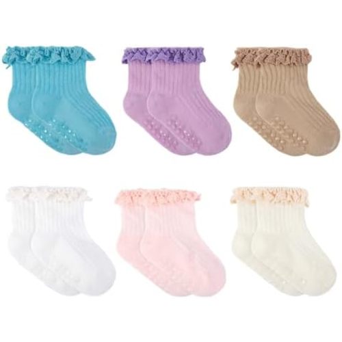 6 Pairs Baby Girl Ruffle Socks Non Slip Grips Cotton Frilly Ankle Crew Fancy Dress Socks for Newborn Infant Toddler