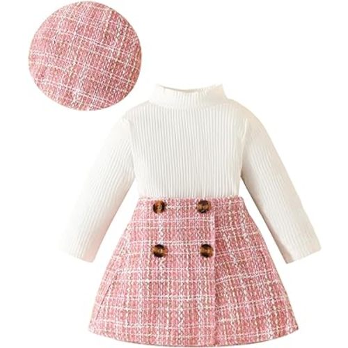 TUSFTAY Toddler Baby Girl Outfits Fall Winter Clothes Ribbed Long Sleeve Tops Houndstooth Print Shorts/Skirts Beret 3PCS Set