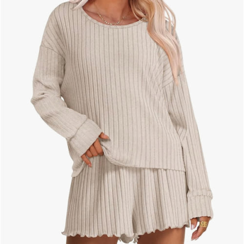 ANRABESS Women's 2 Piece Lounge Pajama Sets Casual Ribbed Long Sleeve Top Matching Shorts Sleepwear PJ Set 2025 Fall Outfits