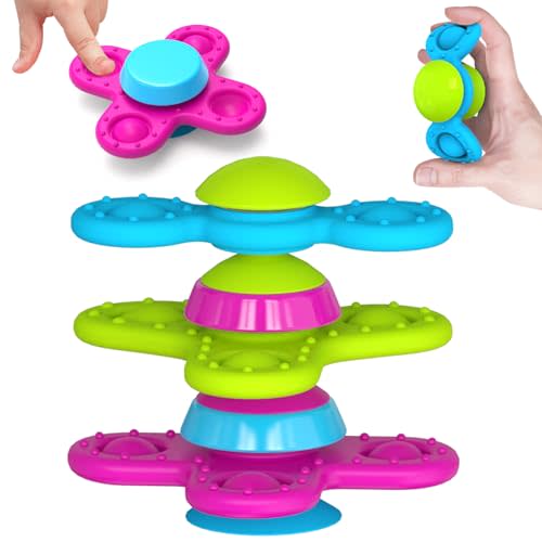 Guibola Suction Cup Spinner Toys for 1 Year Old Boy Girl 3PCS Spinning Toys for Toddlers 1-3 Sensory Toys Infant Bath Toys Travel Toys for Babies 10-12 Months, First Birthday Baby Gifts for 1 Year Old