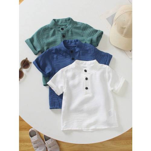 SHEIN Playful Pals 3pcs/Set Baby Boy Casual Solid Color Button Half Placket Collar Shirts, Soft & Comfortable Short Sleeve Top, Suitable For Daily Wear, Travel, Spring Or Summer Baby Boy Clothes Summer | SHEIN USA