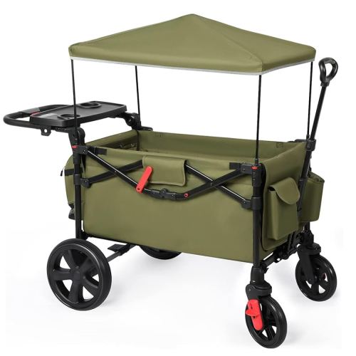 EVER ADVANCED Foldable Wagons for Two Kids & Cargo, Collapsible Folding Wagon Stroller with Adjustable Handle Bar,Removable Canopy with 5-Point Harness,Green