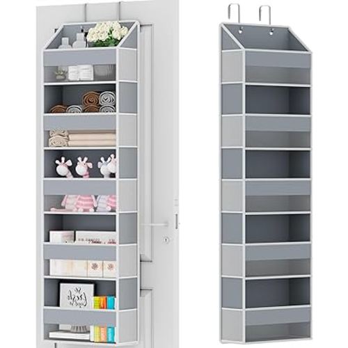 Over The Door Organizer - Over Door Storage Organizer with 5 Large Pockets & 10 Mesh Side Compartments - Heavy-Duty Hanging Storage for Bathroom, Bedroom & Closet - Baby Room Organize - Grey