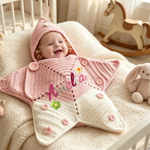 Custom Crochet Starfish Baby Sleep Sack | Personalized Cotton Yarn Swaddle (Baby Shower Gift)