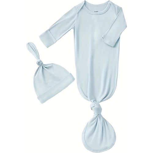 Bow Dream Rayon Bamboo Newborn Baby Boys Knotted Gown Sleeper Solid Color Jumpsuit with Matching Bonnet