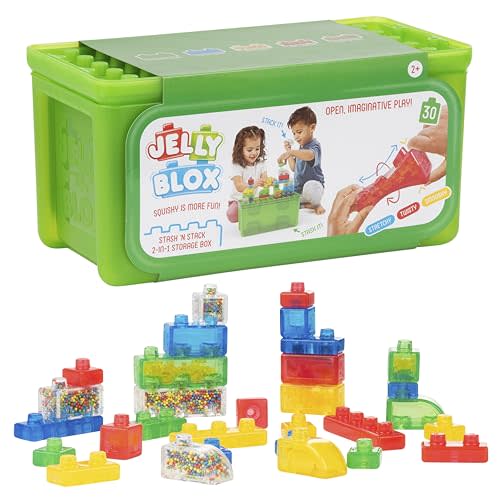 Jelly Blox Stash 'N Stack 2-in-1 Storage Case with 30 Blocks | Toddler & Preschool Building Blocks Kids Can Squeeze & Stretch | MESH ACCREDITED | Safety Tested & Ouch-Free | Sensory Play Toy Ages 2+