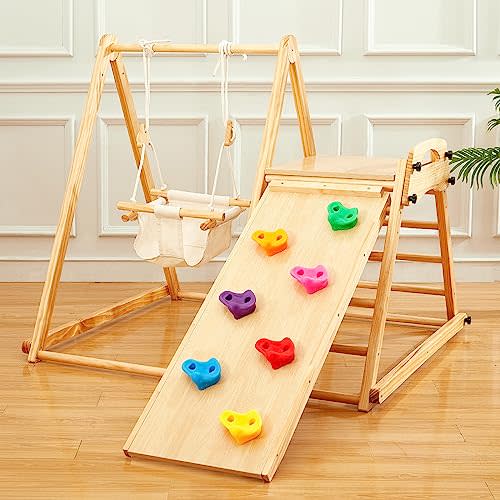 FUNLIO 4-in-1 Wooden Toddler Swing and Slide Set, Foldable Montessori Jungle Gym for Toddlers 0.5-5 Years, Indoor Playground with Swing/Slide/Ladder/Climbing Rock, Easy to Assemble & Store