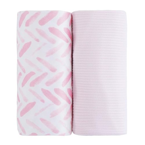 Viviland Jersey Swaddle Blanket, Ultra Soft Stretchy Receiving Blanket, Baby Girl Newborn Rainbow Swaddle Wrap, 40 x 30 inches, 2 Pcs, Pink Leaf