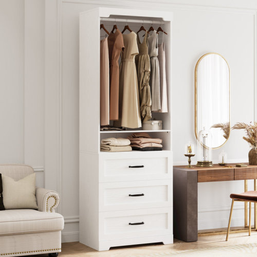 Freestanding Closet System With 3 Drawers, Armoire Wardrobe Closet With Adjustable Shelves & Hanging Rod, White | Wayfair