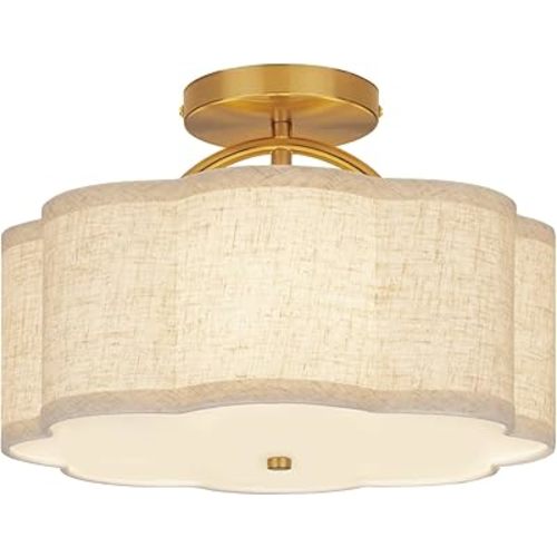 Semi Flush Mount Ceiling Light, 11.8" Modern 3-Light Fixture with Petal-Shaped Cream Beige Linen Shade and Golden Support Arm, Ideal for Bedroom, Kitchen, Living Room, Hallway, and Entryway
