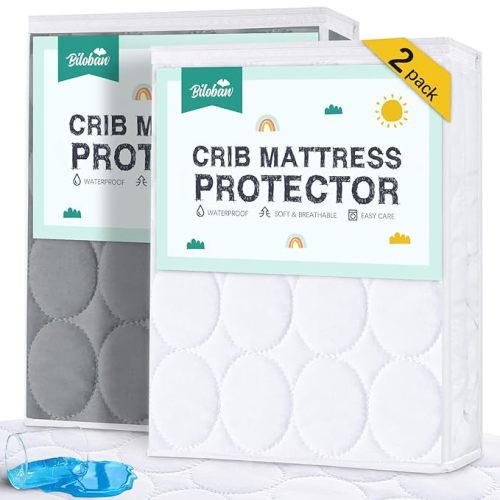 Biloban Crib Mattress Protector 2 Pack, Waterproof, Quilted, Grey & White, Absorbent, Ultra Soft, Noiseless, Durable