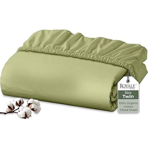 Royale Linens 100% Organic Cotton Fitted Sheet - Percale Weave - Super Soft Deep Pocket Bottom Sheets - Sage Green Elastic Sheet Twin Size - Twin Fitted Sheets Only - (39"x75"+15", Sage Green)