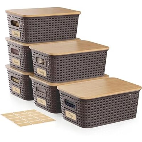 Storage Bins with Bamboo Lids, 6 Pack Small Plastic Storage Container with Lids, 5QT Stackable Organizer Baskets with Lable for Pantry, Classroom, Office, Desktop, Closet, 10x7.1x4.1 In -Brown