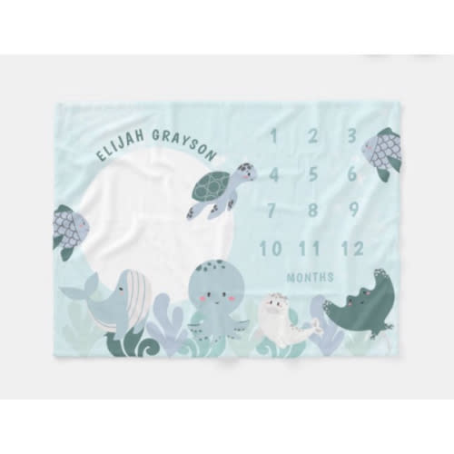 Boys Blue Under The Sea Monthly Milestone Baby Fleece Blanket | Zazzle