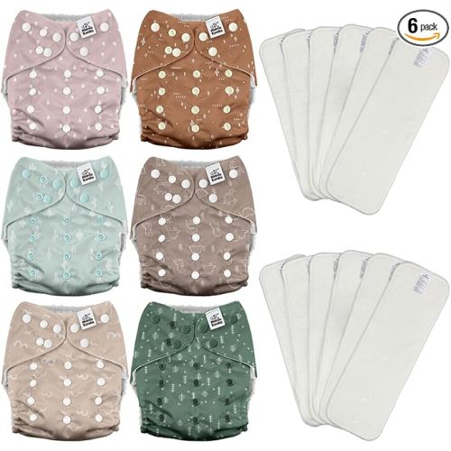 Mama Koala 3.0 Cloth Diapers for Babies with AWJ Lining, 6 Pack with 12 5-Layer Bboo(No Microfiber) Cloth Diaper Inserts - Reusable and Washable Pocket Diapers(12-My Warm Heart)