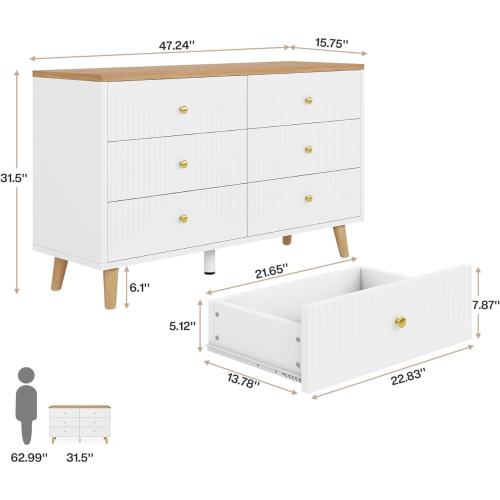 47 inches Modern White Dresser 6 Drawer Dresser for Bedroom