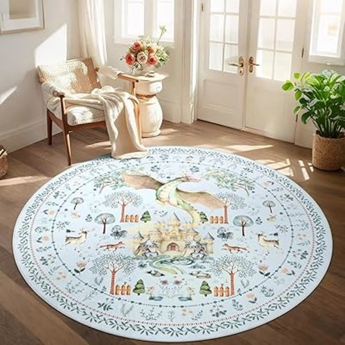 nesrt Dragon Round Living Room Area Rugs 6Ft, Light Blue Animal Print Bedroom Nursery Circle Rugs Non Slip, Washable Botanical Floor Carpet for Dining Room Kids Playroom Entryway Doorway