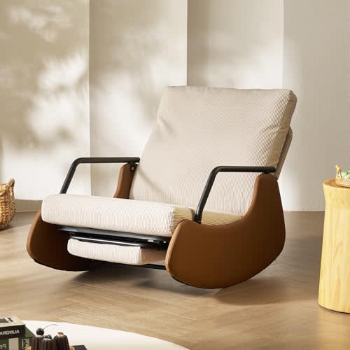 WoodWise Nursery Rocking Chair with Adjustable Backrest & Footrest, Soft Fabric Upholstered Small Glider Rocker, Modern Living Room Armchair, Bedroom Chair, Brown Faux Leather, Beige Corduroy