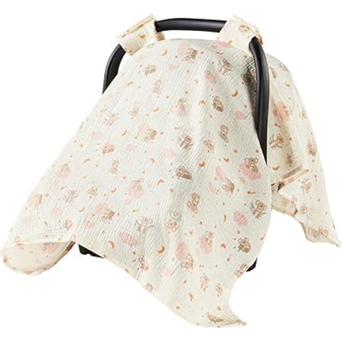 100% Muslin Cotton Car Seat Cover for Baby, Breathable Soft Car Canopy & Sunshade, Universal Infant Carseat Cover, Lightweight Summer Stroller Cover for Boys Girls - Koala
