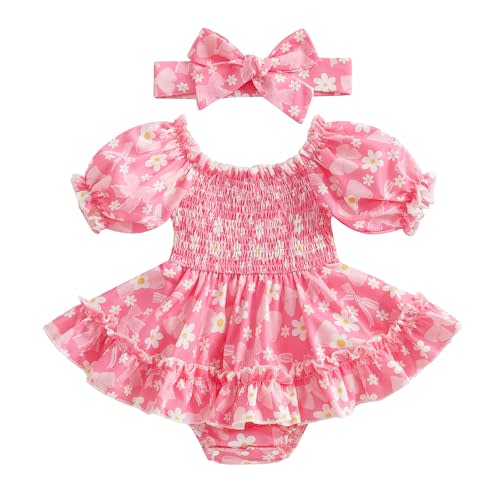 Newborn Infant Baby Girl Smocked Bubble Summer Short Sleeve Romper Dress Pink Bow Onesie + Headband