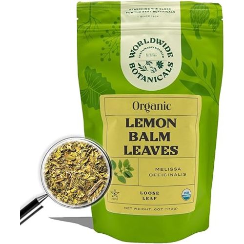 Worldwide Botanicals Organic Lemon Balm Tea, 6 Ounces - Loose Leaf Premium Herbal Tea | 100% Pure Lemon Balm Leaves | For Stress Relief and Good Digestion | Kosher