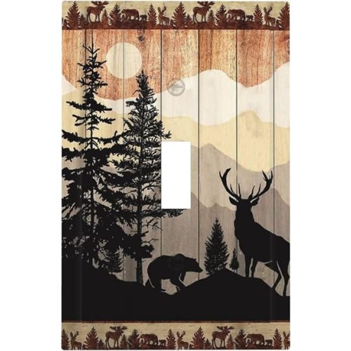 Jungle Forest Woodland Bear Deer Elk Single Toggle Light Switch Covers Decorative 1 Gang Wall Plate Electrical Device Switchplate Faceplate Farmhouse Decor