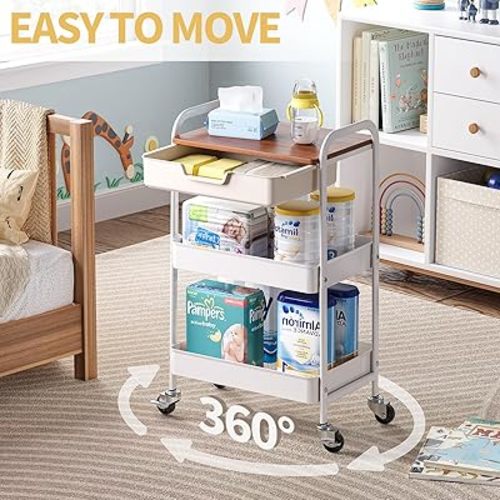 Breastfeeding cart for organization Utility Rolling Cart with Drawer & Wooden Table Top, Storage Cart White Trolley Kitchen Organizer Rolling Desk with Locking Wheels for Office, Classroom, Dorm, Bedroom